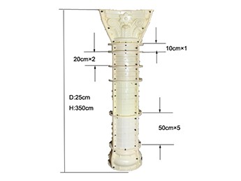 RZR01Round Roman Pillar Molds  This type of Square pillar we have the width of 25cm,30cm,35cm,40cm. RZR01 Round Roman Pillar Dimension Pillar Diameter	Total Height	Head Height	Foot Height  15cm	360cm